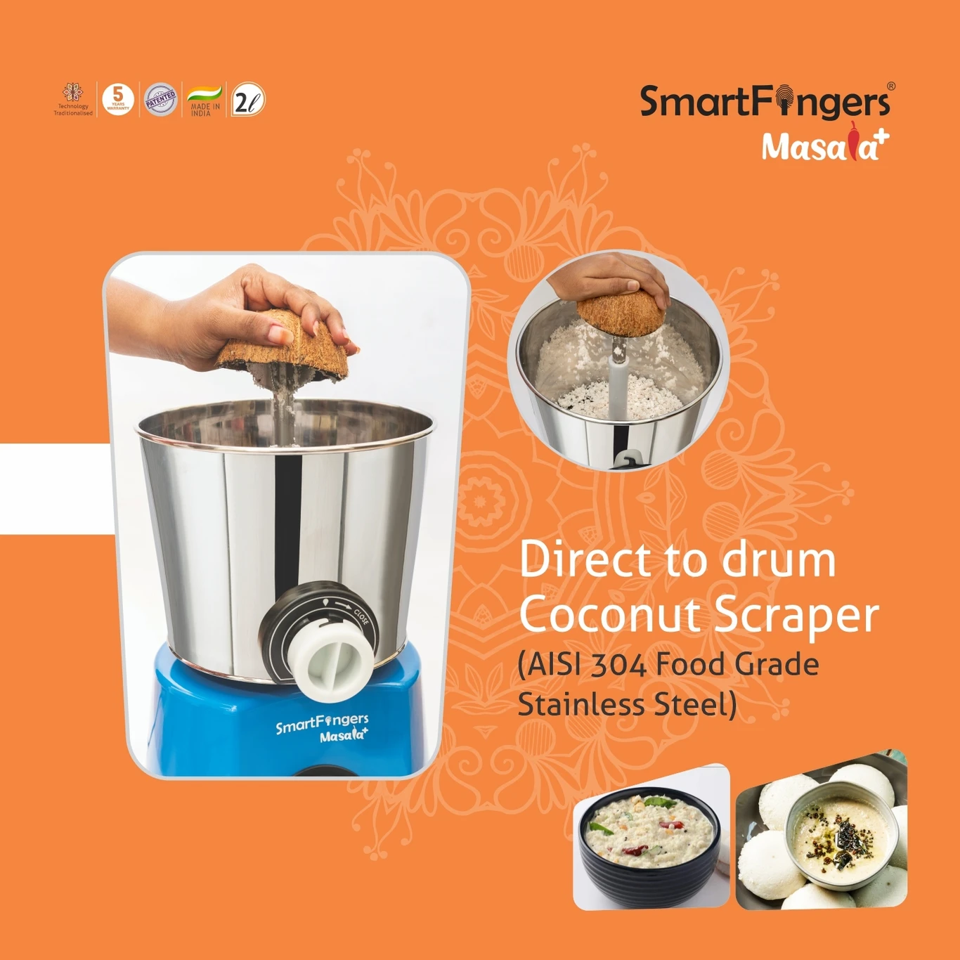 SMARTFINGERS Masala + Table Top Masala Wet Grinder 230V 50hz 2 Liter Wet Grinder (Blue) - Image 2